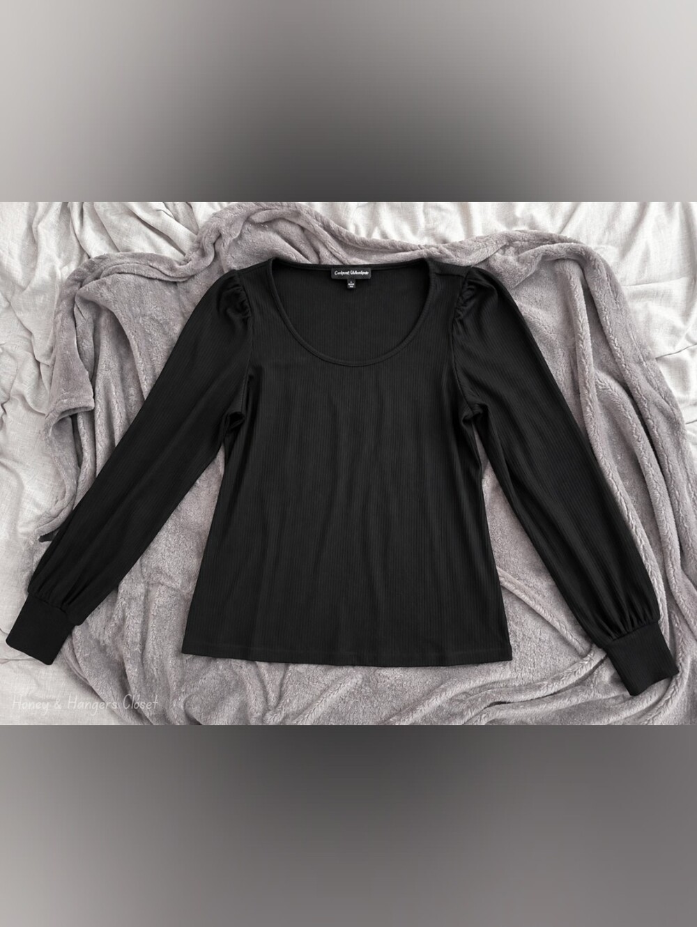 Catherine Malandrino Black Ribbed Puff Sleeve Top | Size L